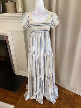 VINTAGE 70’s Prairie Smocked Stripe Maxi Dress in Light Blue and Cream